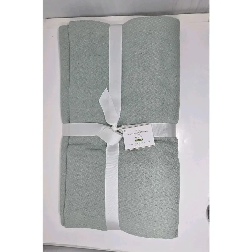 POTTERY BARN Organic Cotton Blanket Full/Queen Set Of 2 Textured Blankets NEW
